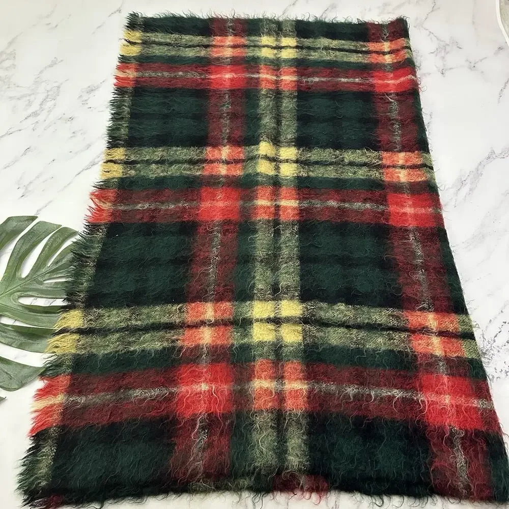 Holyrood Vintage 60s Mohair Throw Blanket Red Green Plaid Scotland 52x62 in